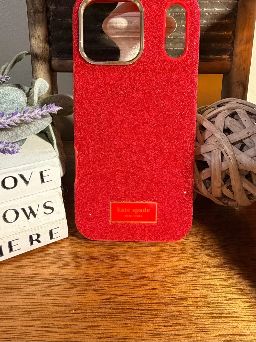Kate Spade Red Glitter Phone Case with Gold Accent for iPhone 17 pro max.